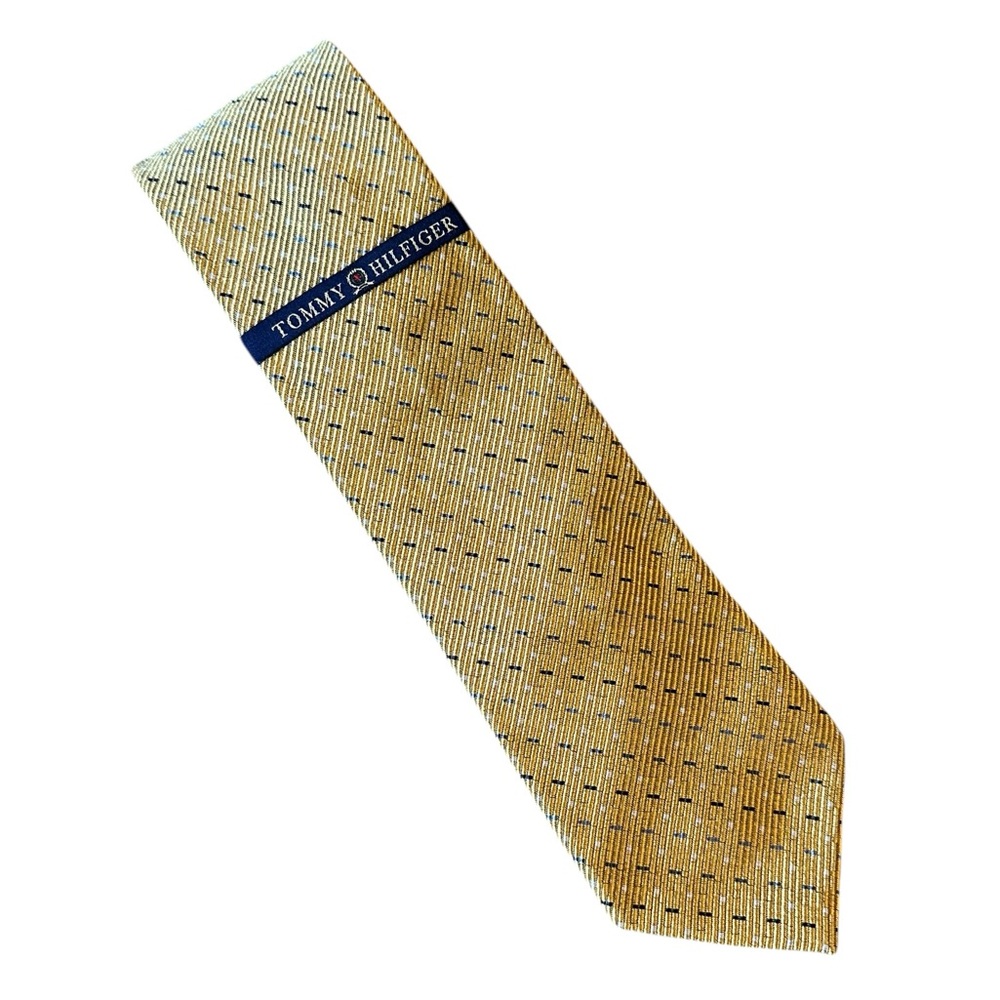 TOMMY HILFIGER 100% silk harvest gold & navy blue neck tie Windsor Plaids NWT!